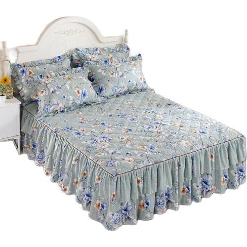 Floral Ruffled Thick Quilted Bedspread Wedding Lace Bedskirt Twin King Queen Sheet Cover Flower Bed Skirt