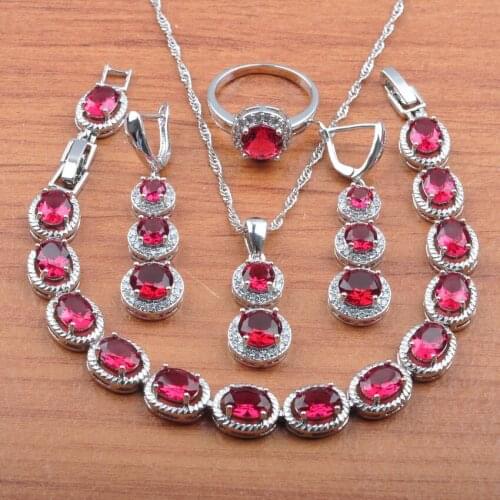 Russian Style Rose Red Crystal Silver Color Jewelry Set For Women Earrings Necklace Pendant Rings Bracelet Set Hot Sale JS0494