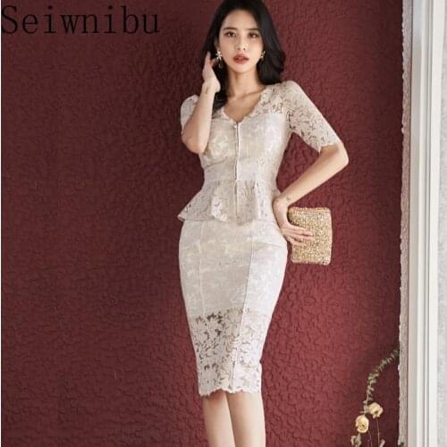 Seiwnibu Office Lady Two Piece Sets Women Clothing Korean Style Slim Lace Blouse Tops + High Waist Pack Hip Skirt Suits