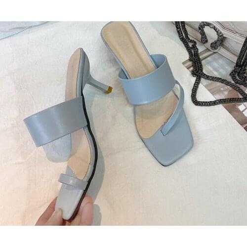 2021 High Quality Soft PU Leather Narrow Band Square Toe Heels Slippers Sandals Slip on Stiletto Shoes Flip Flops Women