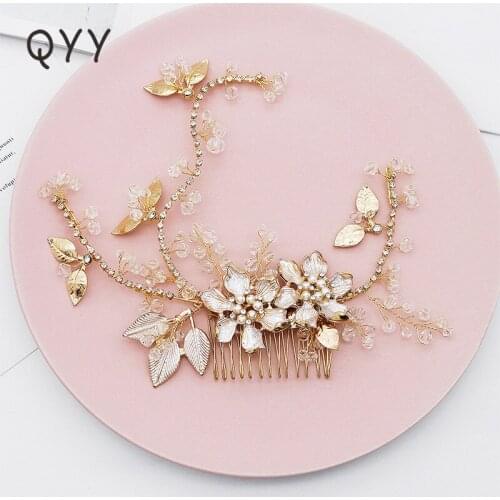 QYY Rhinetone Crystal Flower Wedding Hair Combs Handmade Accessories Jewelry For Bride Bridal Flower Headpiece
