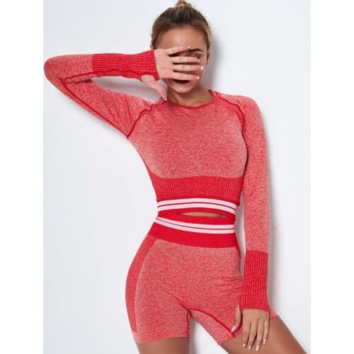 Knitting Seamless Yoga Set Shorts Long Sleeve Top 2 Pieces Set Stripe Patchwork Sportswear Gym Clothing For Women Fitness Suit