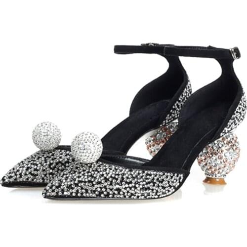 Ladies Glitter Crytal Ball Heels Summer Pumps Women Rhinestone Full Studs Pointed Toe Ball High-Heeled Ankle Strap Sandals