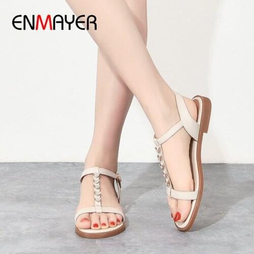 ENMAYER Low Heel Genuine Leather Casual Buckle Strap Women Sandals Basic Open Toe Heels Flat Sandals Women Sandals Summer 2020