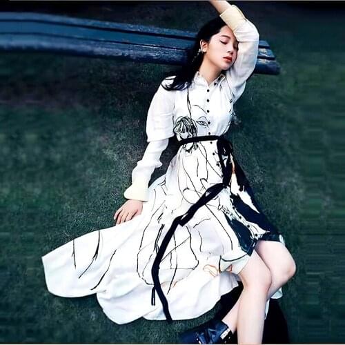 Brand Designer Dress Autumn Vintage Printed Long Sleeve Dresses For Women Elegant Ladies Shirtwaist Dress Womens Clothing SL411