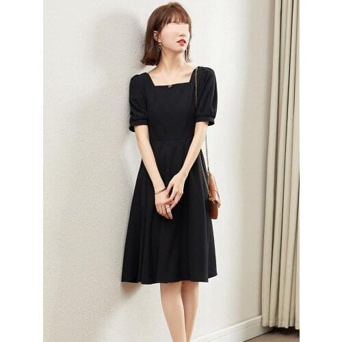 Short-sleeved Dress Female Summer 2021 New Korean Style Mid-length Square Collar Black Little Black Dress Base A-line Skirt