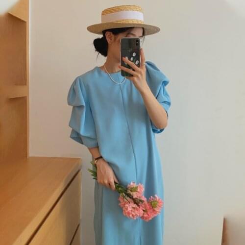 2021 Women Summer Vintage Elegant Long Loose Dress Sashes Big Puff Sleeve Drape Pullover Maxi Sundress