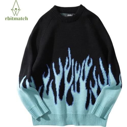 Winter Mens Sweater Oversize Pullovers Hip Hop Casual Woman Sweaters Cotton Retro Blue Flame Print Knitted Loose Streetwear New