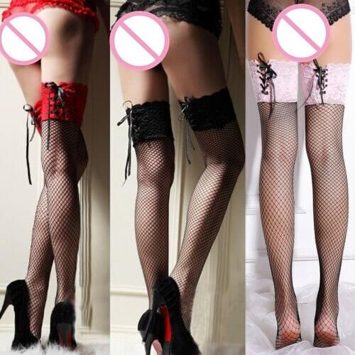 Black Fishnet Hold Ups Women Mesh Fishnet Over Knee Lace Tie Sexy Stockings Thigh Ladies Fancy Dress Costume Accessory