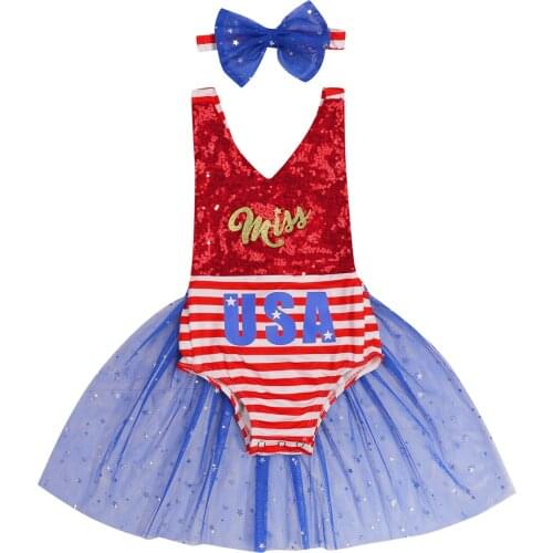 Citgeett Summer Independence Day Infant Baby Girls Sleeveless Romper + Bow Hairband Mesh Stitching Clothing