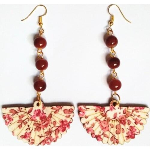 FUYIER Printing Flower Fan Wood Earrings Cute Cloth Art Drop Earrings Glass Beads Long Earrings Personality Gift Wooden Jewelry