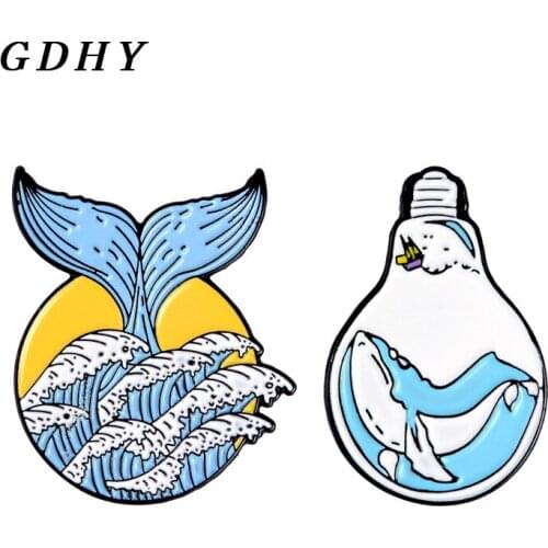 GDHY Blue Ocean Wave Mermaid tail and Whale Bulb Pins Brooch Summer Ocean Blue Sea wave Whale Enamel pin Badge Jewelry for Kids