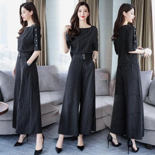 2 Piece Sets Womens Outfits Summer Plus Size 2 Piece Set Women Striped Blouse And Wide Leg Pants Suits Elegant Korean Sets A5421