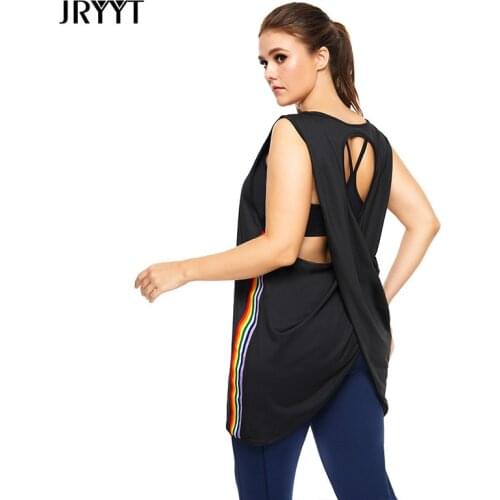 JRYYT Summer Backless Cross Sports Yoga Vest Women Splice Quick Dry Breathable Fitness Smock Female Loose Workout Top Plus Size