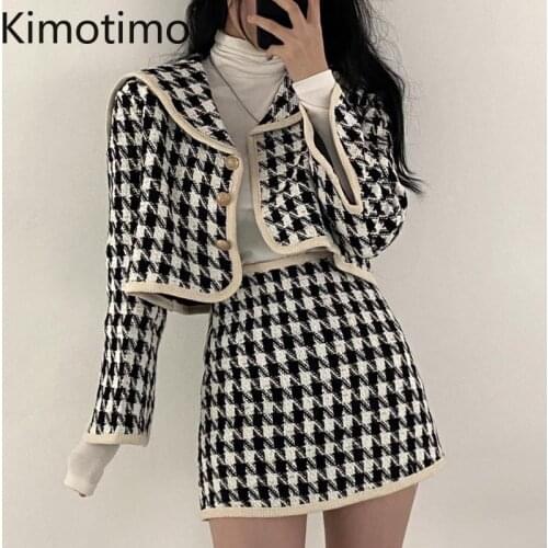 Kimotimo Women Plaid Tweed Set Korean Ins Vintage Sailor Collar Long Sleeve Crop Coat + High Waist Mini Skirt Two Piece Sets