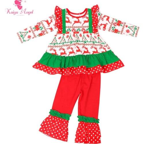 Kaiya Angel Girls Clothing Sets 2017 Christmas Reindeer Toddler Girl Clothing Green Red White Shirt Pants Kids Clothes 1-8T