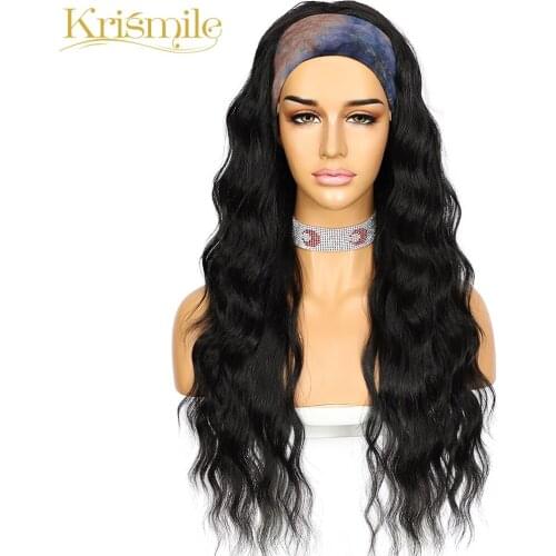 Krismile Long Black 1b# Curl Headband Wig Daily Party Travel Holidays No Gel Glueless Wig for Women Make Up with 2 Free Bands