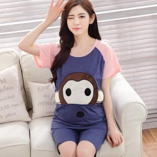 Summer Maternity Pajamas 2PCS Cartoon Print Tops+Pants Maternity Nursing Nightwear Breastfeeding Pajamas Pregnancy Sleepwear