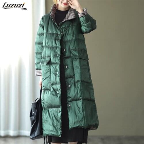 Luzuzi Winter Women Stand Collar White Duck Down Coat Double Breasted Warm Snow Outwear Lapel Double Sided Down Long Jacket