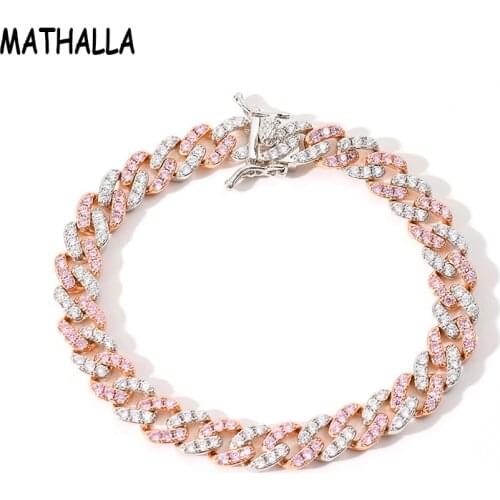 MATHALLA Men Women 9mm Pink Multi Cubic Zirconia Cuban Link Chain Bracelet Hiphop Copper Bangle Iced Bling Jewelry