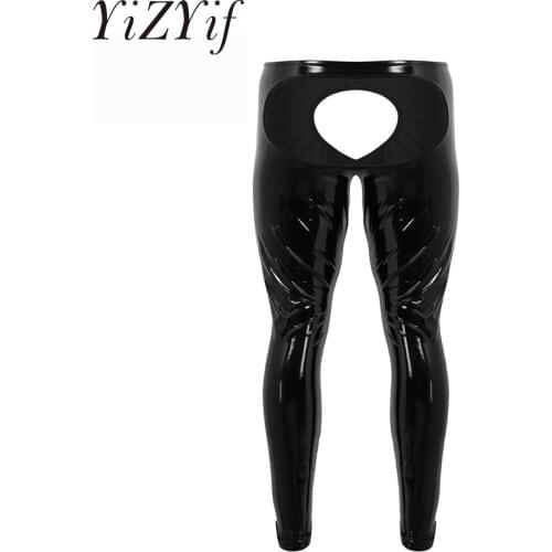 YiZYiF Fashion Sexy Mens Lingerie Shiny Leather Open Back and Open Pouch Tight Pant slim fit Leggings Trousers Nightwear Clothes
