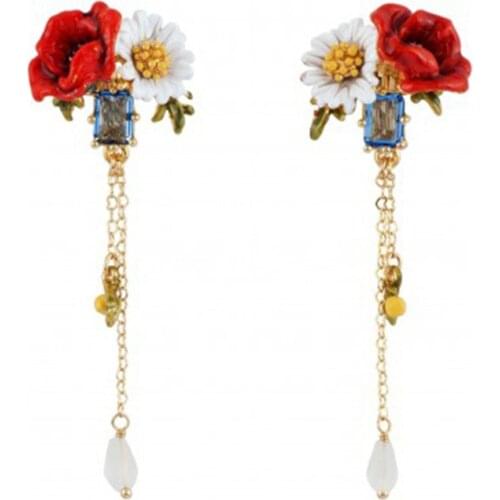 Fashion new enamel color glaze red rose white daisy tassel stud earrings sweet and fresh wild personality niche earrings