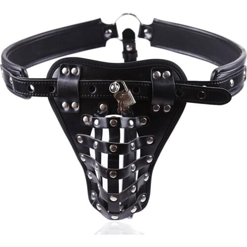 2020 PU leather Male Chastity Belt Device Pants Sexy Underwear Lock Adult Erotic Penis Cage Penis Rings Penis Bondage Cock Rings