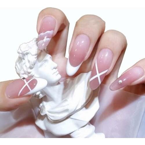 24 Pcs False Nails Bevel Edge French Tips Hit Color Fake Nails Pearl Nail Tips Ballet Nails Long Coffin Nails Tip Nail Art Tools