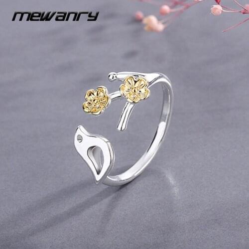 Mewanry Open 925 Sterling Silver Rings for Women Elegant Sweet Trendy Party Jewelry Gifts Yellow Flowers Hollow Bird Accessories