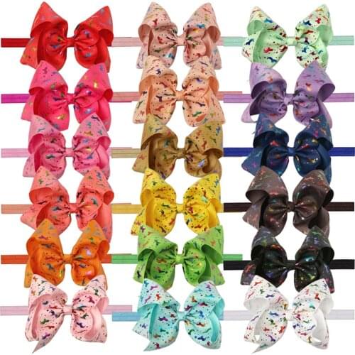 18pcs/lot Cartoon Unicorn Bow Headbands 5" Ribbon Bows Hair Band Style Hair Bow With Elastic Bands