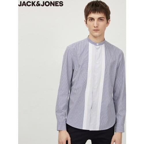 JackJones Mens 100% Cotton Stripe Stand-up Collar Casual Long-sleeved Shirt|220105570