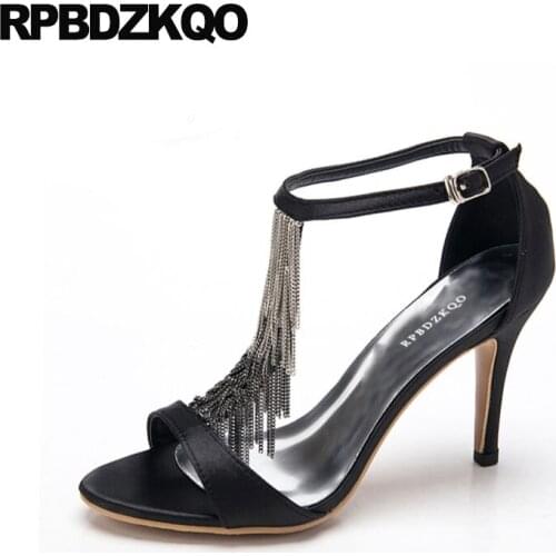 Sandals Open Toe Heels Summer Korean Black Fringe Pumps Ladies High Satin 2018 Women Ankle Strap Designer Shoes T Stiletto