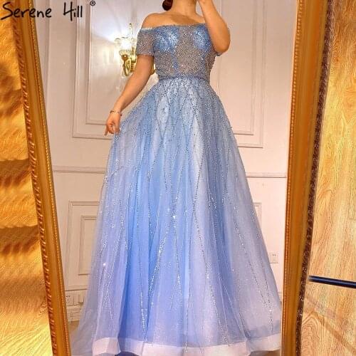 Serene Hill Gold Spaghetti Strap Sexy Prom Dresses 2020 Beading Short Sleeves Luxury For Women Party Gowns LA70783