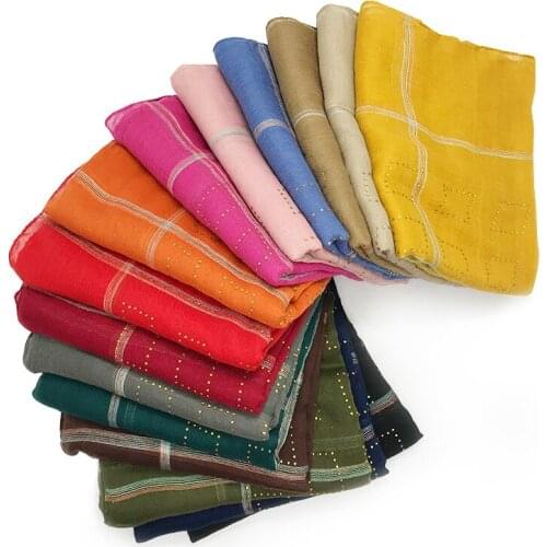 Beautiful Muslim Scarf Hijabs Big Grid Cotton Linen Scarves With Gold Diamonds Female Islamic Turbanet Long Shawl Wrap Headscarf