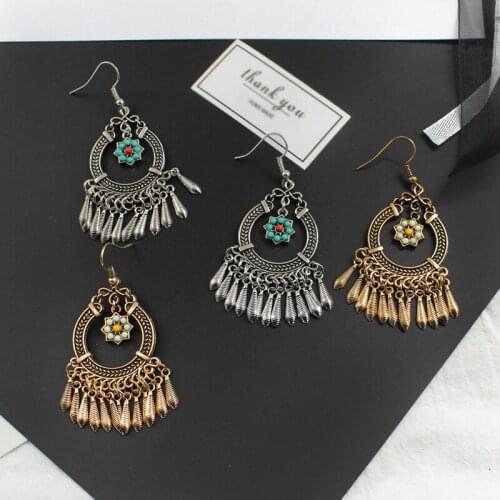 Vintage Golden Wheat ears Fujieda Bow Bohemian Flowers Pendant Earring Alloy Spiral Fringe Sequins Earrings Ethnic Charm Jewelry