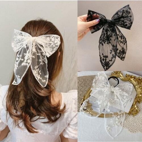 Fashion Women Girls Cute Hairpins Hair Rope Lace Flower Bow Ribbon Hair Clip Hair Ornament Headband Black White Hair Accessory