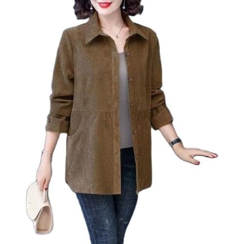 Women Corduroy Blouse 2021 Autumn Middle Aged Female Corduroy Shirt Jacket Plus Size 5XL Casual Mother Windbreaker Coat W2367