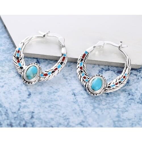 Boho Female Blue White Opal Earrings Color Wedding Fine Jewelry for Women Vintage Bride Round Big Hoop Earrings Gifts