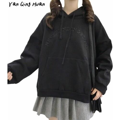 Pullover Sweatshirt Womens Korean Style Loose Lazy Wind Plus Velvet Thick Wild Fashion Letter Embroidery Harajuku Autumn Hoodie