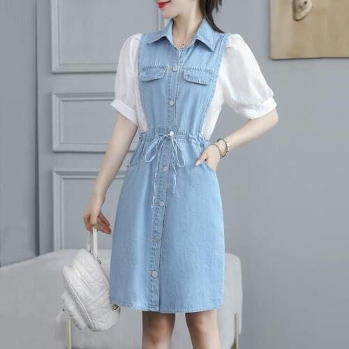 Women Denim Shirt Dress Fake Two Piece Short Sleeve Patchwork Dresses Fashion Korean Lapel Single Breasted Lace-up Jeans Dress