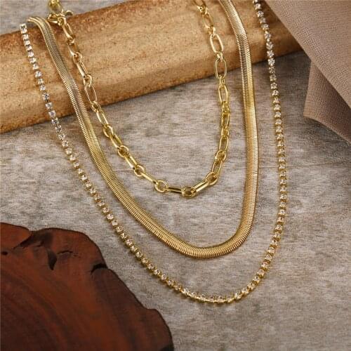 Punk Multi Layered Snake Chain Chain Necklace For Women Vintage Gold Color Rhinestone Chain Choker Necklace Fashion Jewelry Gift