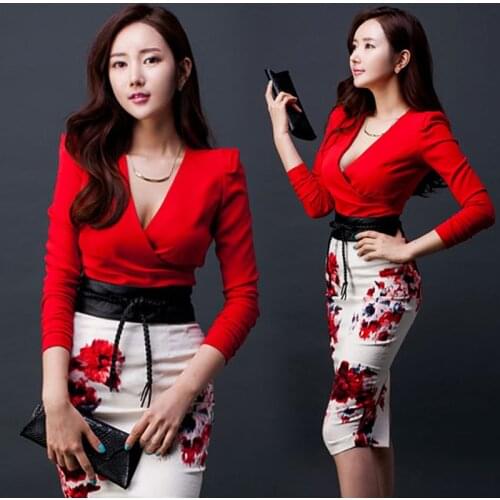 2020 Fashion Women Red Dress Sexy Deep V-neck Long Sleeve High Waist Floral Bodycon Slim Pencil Dress Vestidos Robe Femme