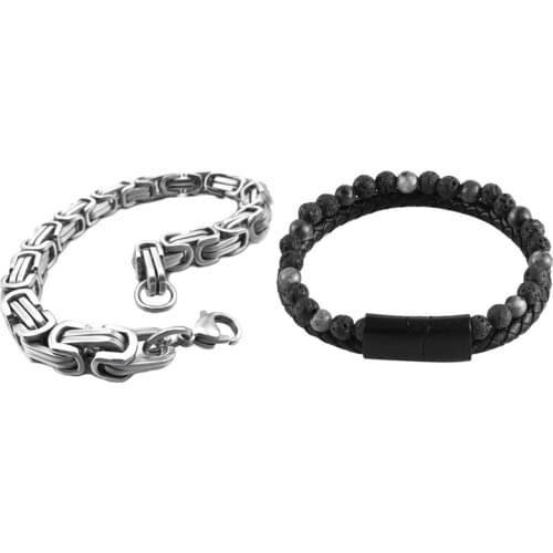 2 Pcs Bracelet: 1 Pcs Stainless Steel Silver Color Punk Rock Bangle & 1 Pcs Black Double Layer Leather Braclet