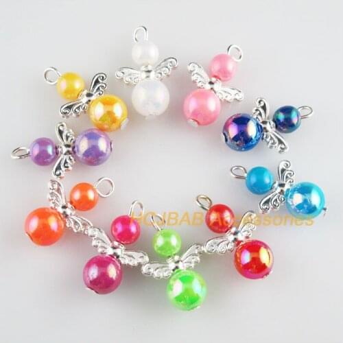 20Pcs Fashion Acrylic New Angel Charms Silver Plated Mixed Ball Pendants 14x22mm