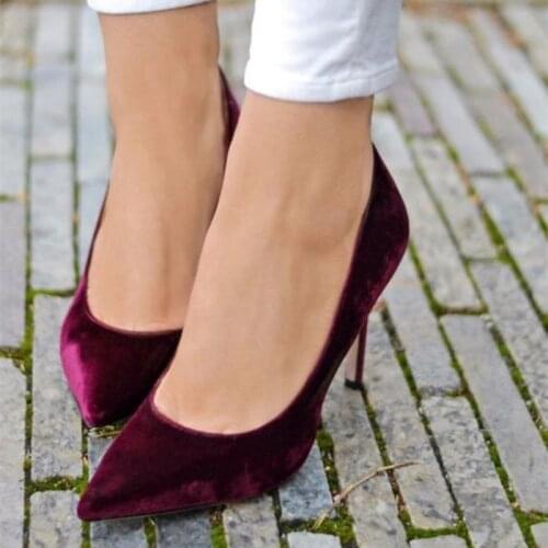 Burgundy Velvet Heels Pointy Toe Pumps 12CM Stiletto Heel Shallow Dress Shoes Plus Size 13 Lady Wedding Party Shoes