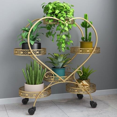 Indoor living room decoration iron heart-shaped flower rack mobile belt wheel shelf floor multi-layer balcony flower rack