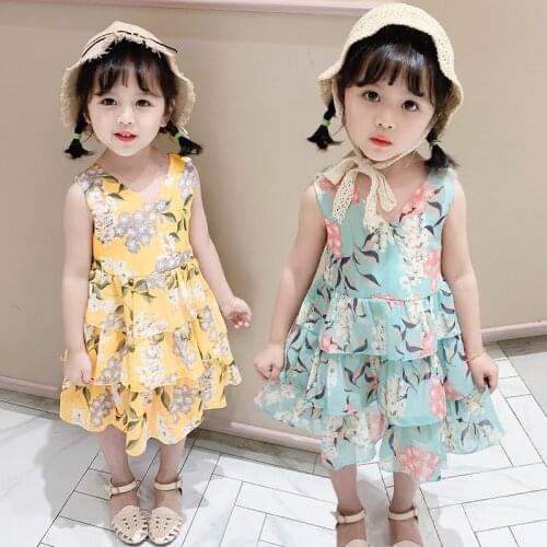 Girls Princess Dress Summer New Fashion Child Sleeveless Chiffon Floral Suspender Cake Dress 2-6 Years Old Kids Clothing