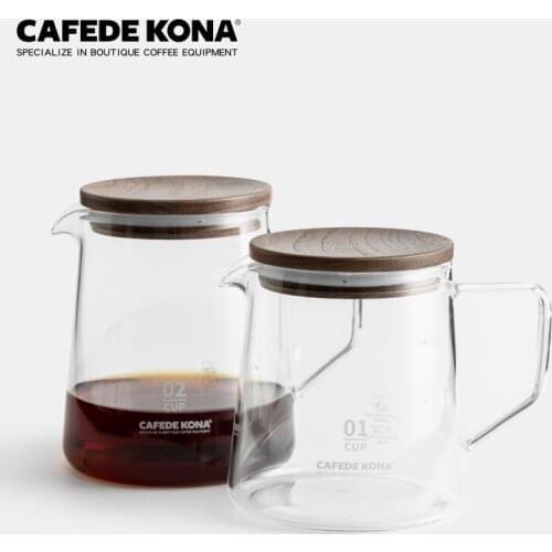 CAFEDE KONA Heat Resistant Glass Server & Walnut Cover 360ml/600ml Hand Brew Can Be Used with 101/102 Drippers & Wave Dripper