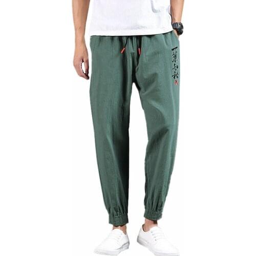 Chinese Style Retro Mens Lacee-Up Trousers S-5XL Black Green Navy Pant Blue Grey Cotton and Linen Fashion Casual Male Pants