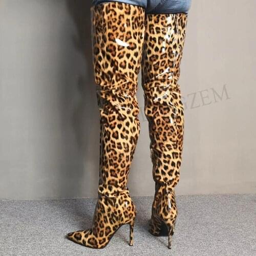 LAIGZEM SEXY Women Over-the-Knee Boots Patent Stiletto Heels Boots Side Zip Waterproof Botines Mujer Big Size 4-14